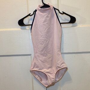 pink and navy blue halter style leotard